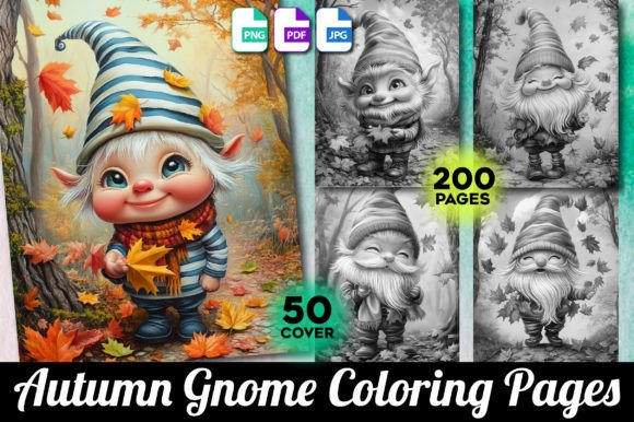 Autumn Gnome Grayscale Coloring Pages